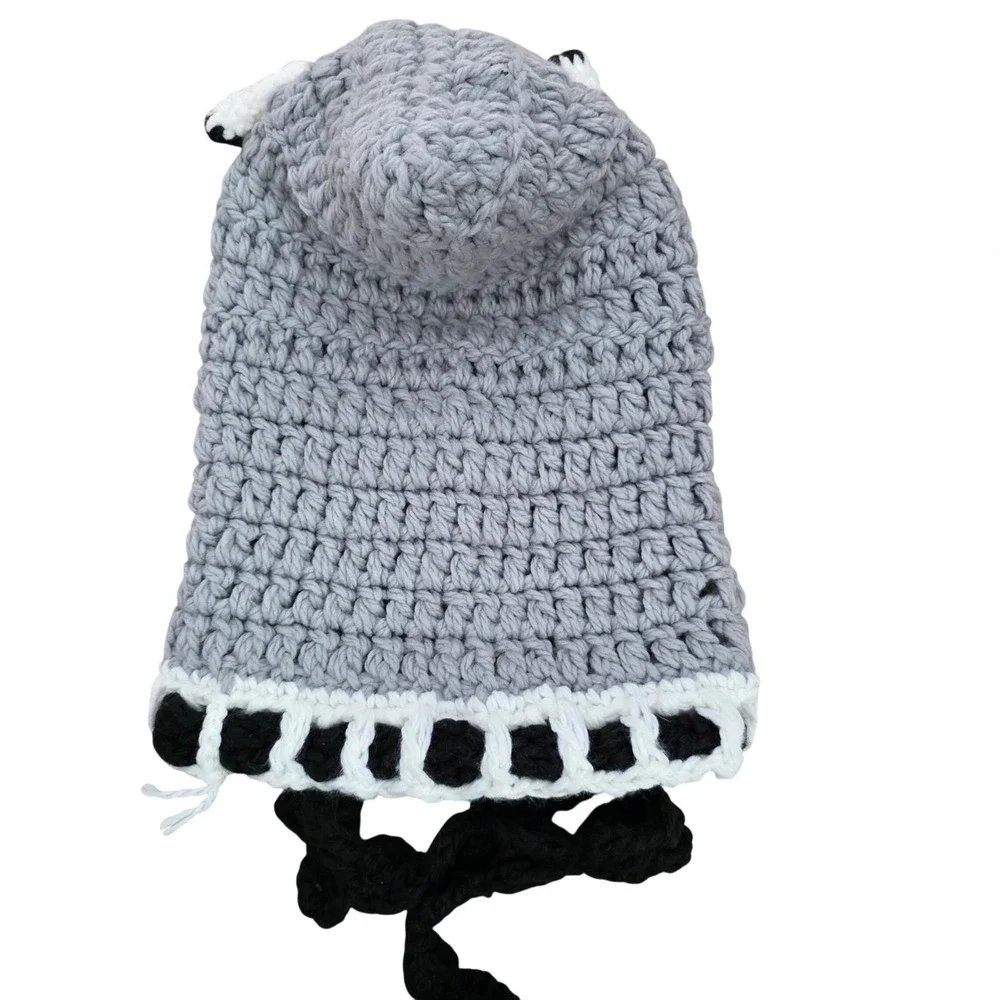 Handmade Crochet Animal Ear Balaclava Hood Grey White Black Kid Winter Hat Snood
